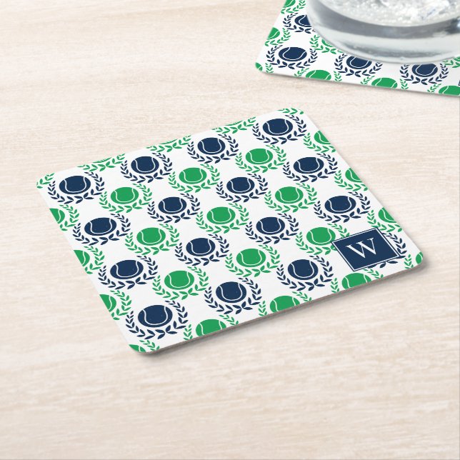 Posavasos Cuadrado De Papel Preppy Tennis Laurel Wreath - Navy & Green (En perspectiva)