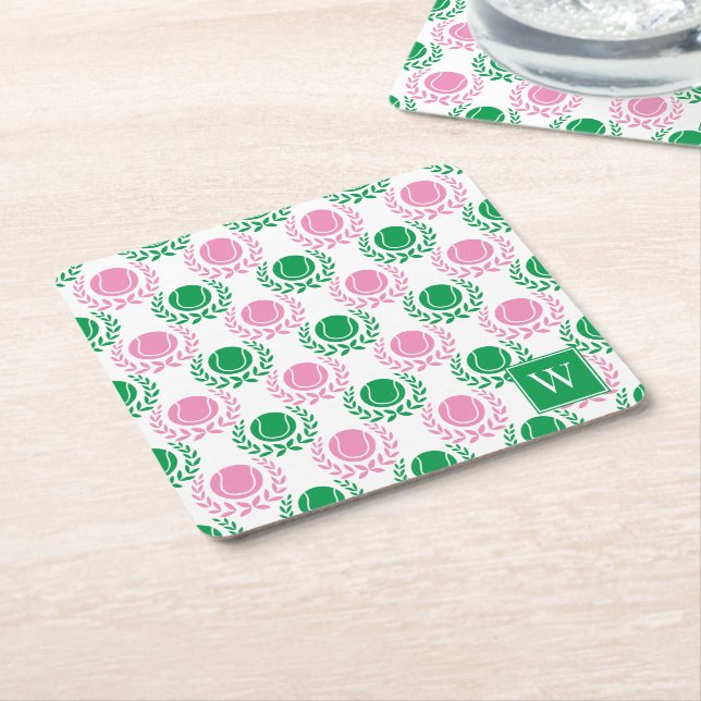 Posavasos Cuadrado De Papel Preppy Tennis Laurel Wreath - Pink & Green (En perspectiva)