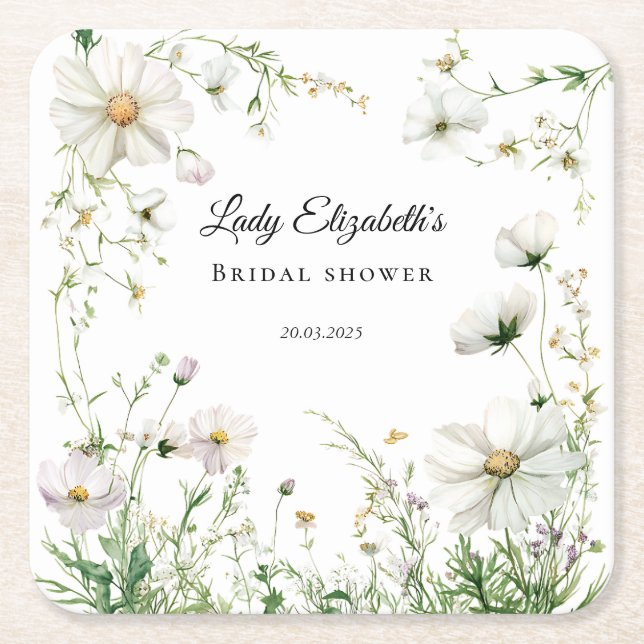 Posavasos Cuadrado De Papel Presupuesto Flores Púrpuras Bridal Shower de Bridg (Anverso)