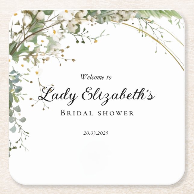 Posavasos Cuadrado De Papel Presupuesto Flores Púrpuras Bridal Shower de Bridg (Anverso)