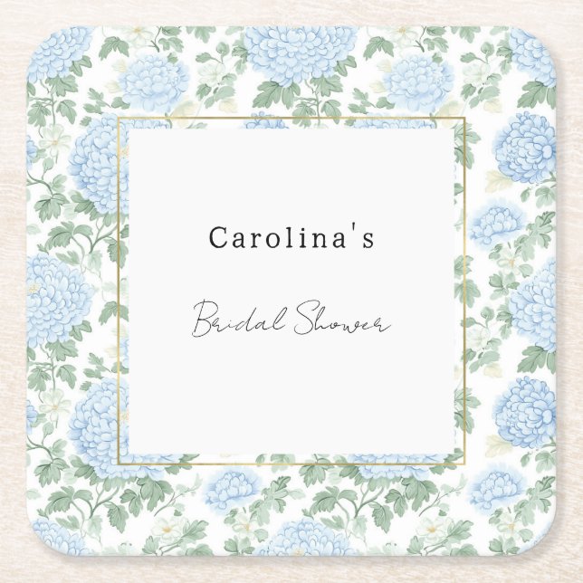 Posavasos Cuadrado De Papel Pretty Light Blue White Flowers Bridal Shower (Anverso)