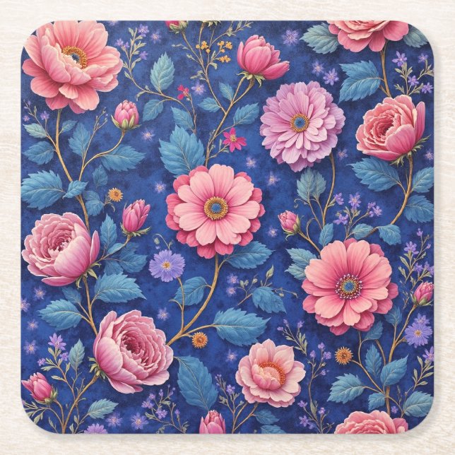 Posavasos Cuadrado De Papel Pretty pink and blue floral pattern (Anverso)