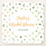 Posavasos Cuadrado De Papel Primavera Daisies Floral Bridal Shower<br><div class="desc">Esta hermosa y elegante montaña rusa cuenta con mareas acuáticas y follaje. El texto combina el guión manuscrito y las fuentes serif para un aspecto elegante y moderno. Es perfecto para una ducha casera rústica de primavera.</div>