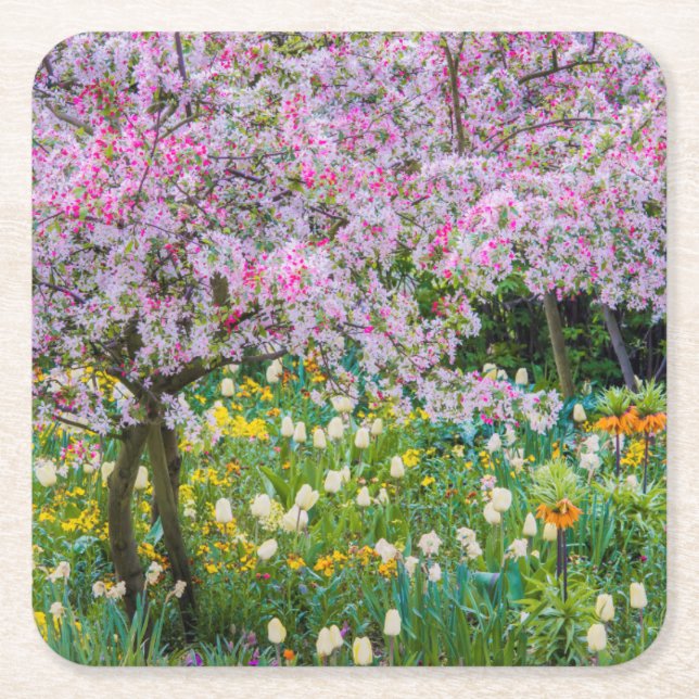 Posavasos Cuadrado De Papel Primavera en el jardín de Claude Monet (Anverso)