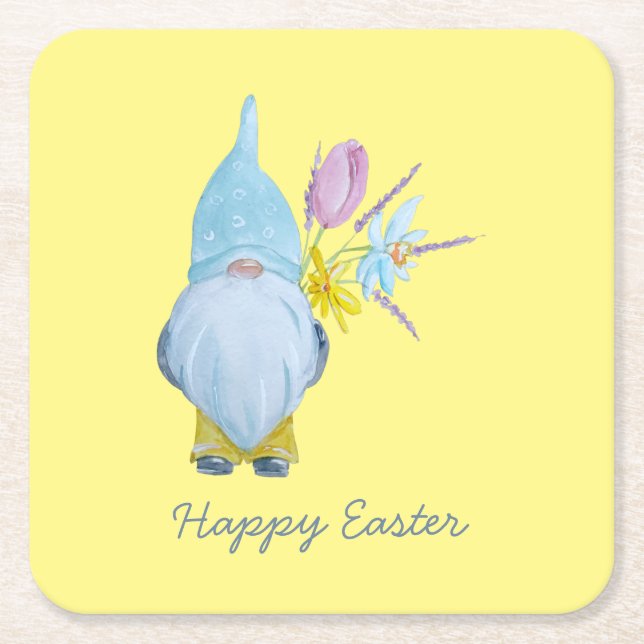 Posavasos Cuadrado De Papel Primavera Gnome Feliz Pascua (Anverso)
