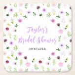 Posavasos Cuadrado De Papel Primavera Morado Floral Bridal Shower<br><div class="desc">Esta hermosa y elegante montaña rusa presenta flores moradas acuáticas y follaje. El texto combina el guión manuscrito y las fuentes serif para un aspecto elegante y moderno. Es perfecto para una ducha casera rústica de primavera.</div>