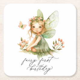 Posavasos Cuadrado De Papel Primer cumpleaños de Cute Fairy