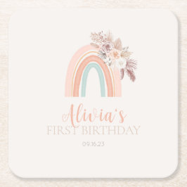 Posavasos Cuadrado De Papel Primer cumpleaños de la acuarela arcoiris Boho