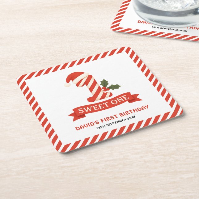 Posavasos Cuadrado De Papel Primer cumpleaños de Sweet One Navidades (En perspectiva)