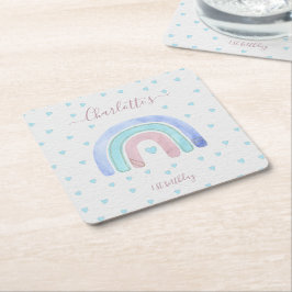 Posavasos Cuadrado De Papel Primer cumpleaños del arco iris azul púrpura