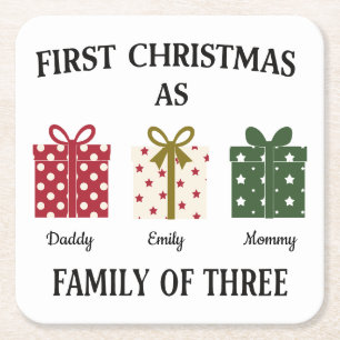 Posavasos Cuadrado De Papel Primer Navidad como Familia de Tres Regalo