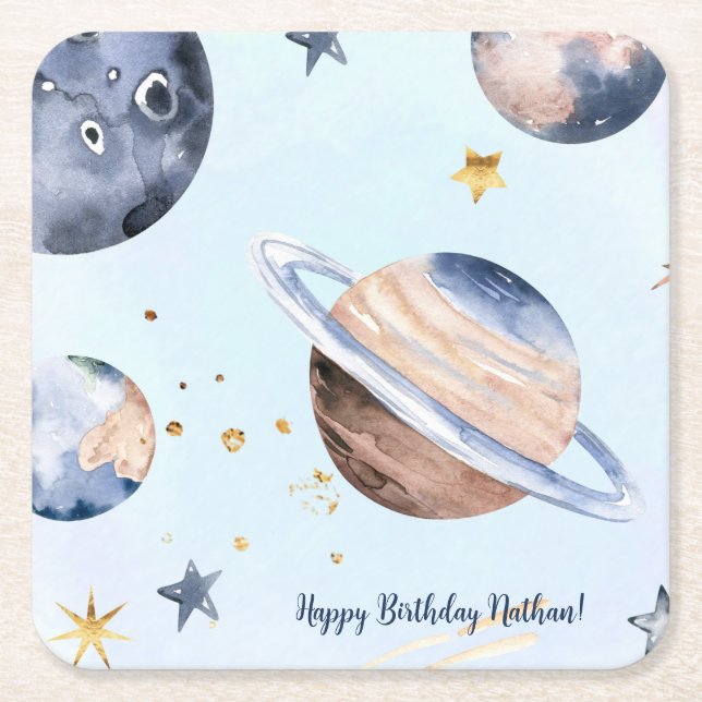 Posavasos Cuadrado De Papel Primer viaje alrededor del sol (Anverso)