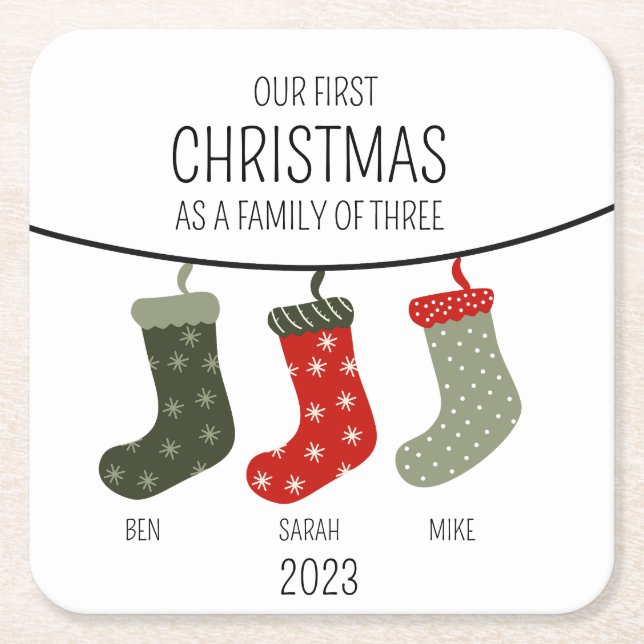 Posavasos Cuadrado De Papel Primera Navidad como familia de tres (Anverso)