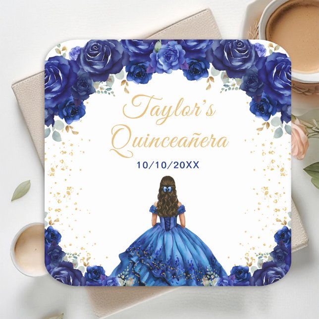 Posavasos Cuadrado De Papel Princesa Azul Oscura Floral Quinceañera (Subido por el creador)