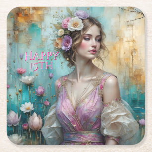 Posavasos Cuadrado De Papel Princesa de rosa, Feliz Cumpleaños 15 *personaliza