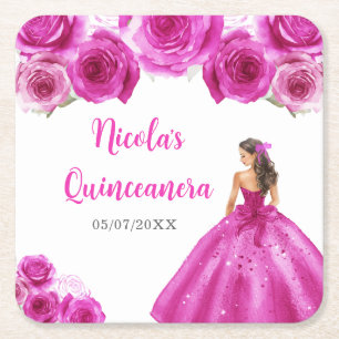 Posavasos Cuadrado De Papel Princesa floral con traje de rosa caliente Quincea