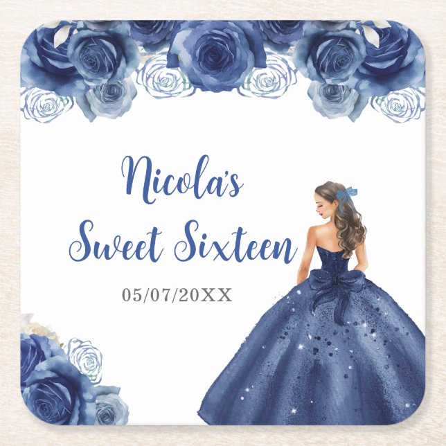 Posavasos Cuadrado De Papel Princesa floral con vestido azul de la Marina Diec (Anverso)