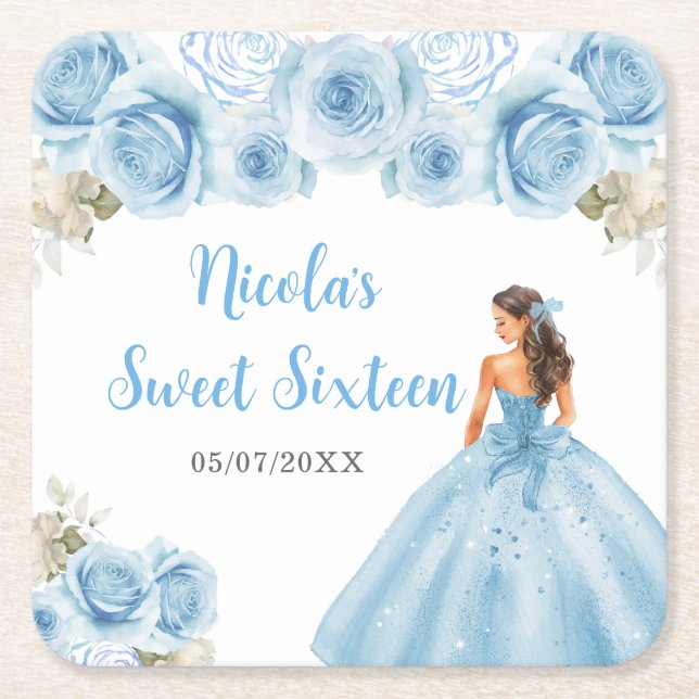 Posavasos Cuadrado De Papel Princesa floral con vestido azul dulce dieciséis (Anverso)