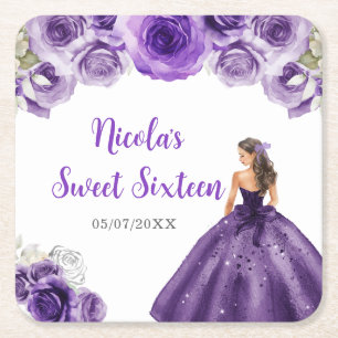 Posavasos Cuadrado De Papel Princesa floral con vestido morado 16