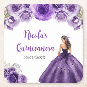 Posavasos Cuadrado De Papel Princesa floral con vestido morado oscuro Quincean