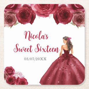 Posavasos Cuadrado De Papel Princesa floral con vestido rojo dulce dieciséis