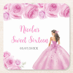 Posavasos Cuadrado De Papel Princesa floral con vestido rosa claro dulce dieci