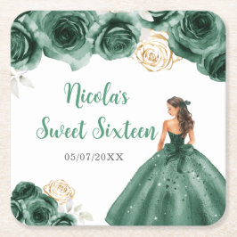 Posavasos Cuadrado De Papel Princesa floral con vestido verde oscuro dulce die