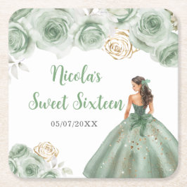 Posavasos Cuadrado De Papel Princesa floral con vestido verde sabio Dieciséis