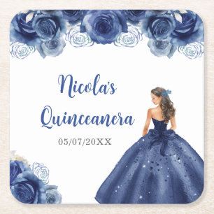 Posavasos Cuadrado De Papel Princesa floral con vestimenta azul de la marina Q