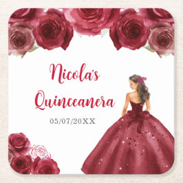Posavasos Cuadrado De Papel Princesa floral con vestimenta roja Quinceanera