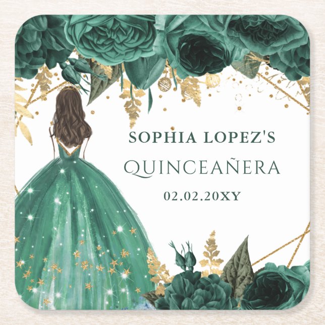 Posavasos Cuadrado De Papel Princesa floral de oro verde esmeralda Quinceanera (Anverso)