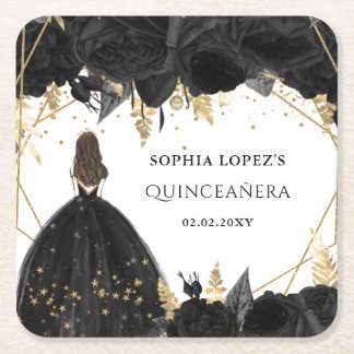 Posavasos Cuadrado De Papel Princesa floral Rustic Gold Quinceanera