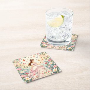 Posavasos Cuadrado De Papel Princesa linda con mariposas
