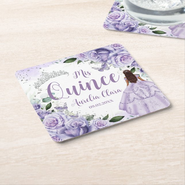 Posavasos Cuadrado De Papel Princesa Morada Floral Plata Quinceañera XV 16 (En perspectiva)