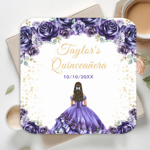 Posavasos Cuadrado De Papel Princesa Morada Oscura Floral Quinceañera