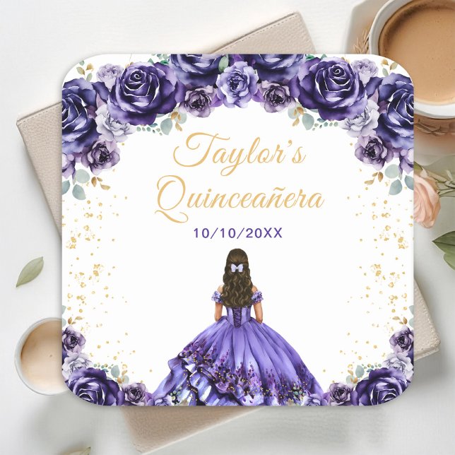 Posavasos Cuadrado De Papel Princesa Morada Oscura Floral Quinceañera (Subido por el creador)