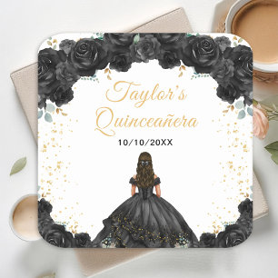 Posavasos Cuadrado De Papel Princesa Negra Floral Quinceañera