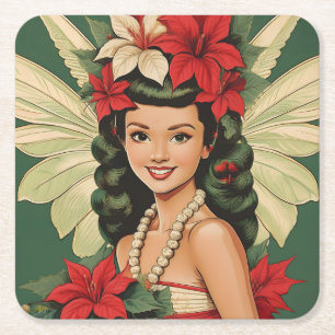 Posavasos Cuadrado De Papel Princesa Retro de Navidad Tropical de los 50