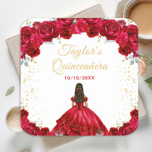 Posavasos Cuadrado De Papel Princesa Roja Floral Quinceañera