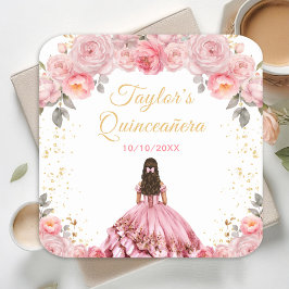 Posavasos Cuadrado De Papel Princesa Rosa Rosa Floral Quinceañera