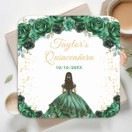 Posavasos Cuadrado De Papel Princesa Verde Oscura Floral Quinceañera