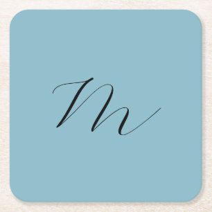 Posavasos Cuadrado De Papel Profesional Minimalista de bollo azul sólido monog