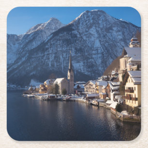 Posavasos Cuadrado De Papel Pueblo de Hallstatt en la nieve en invierno
