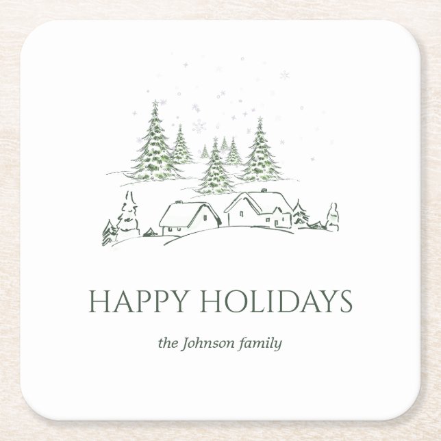 Posavasos Cuadrado De Papel Pueblo de Navidades Snowy (Anverso)