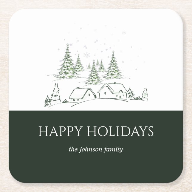 Posavasos Cuadrado De Papel Pueblo de Navidades Snowy (Anverso)