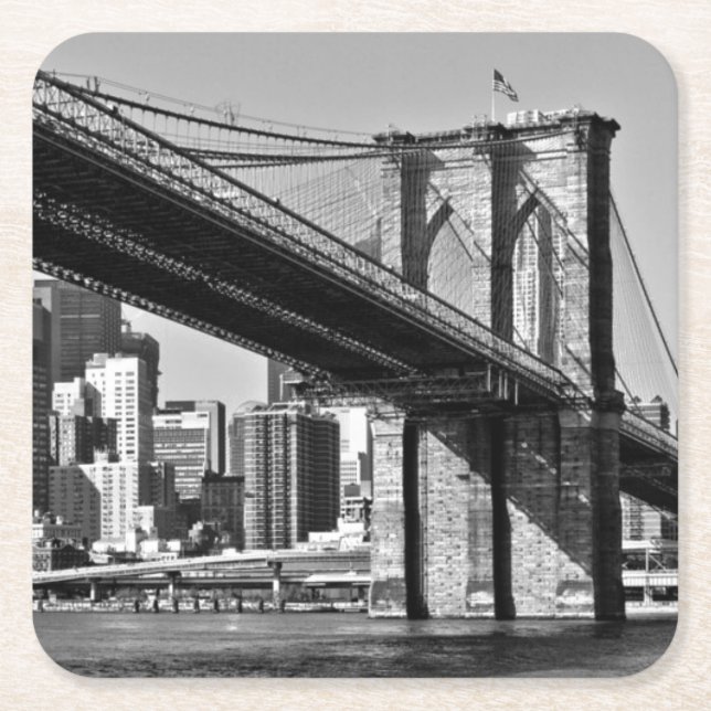 Posavasos Cuadrado De Papel Puente Brooklyn Blanco y Negro Nueva York (Anverso)