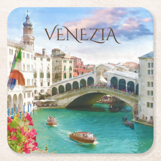 Posavasos Cuadrado De Papel Puente de Rialto en Venezia | Imán de nevera de Ve