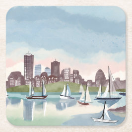 Posavasos Cuadrado De Papel Puerto de Boston | Boston Massachusetts Acuarela