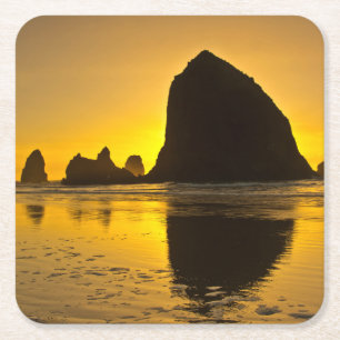 Posavasos Cuadrado De Papel Puesta de sol, Cannon Beach, Oregón, EE. UU.