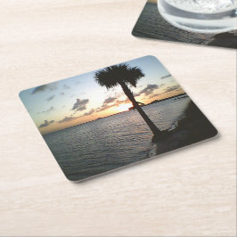 Posavasos Cuadrado De Papel Puesta de sol en la playa